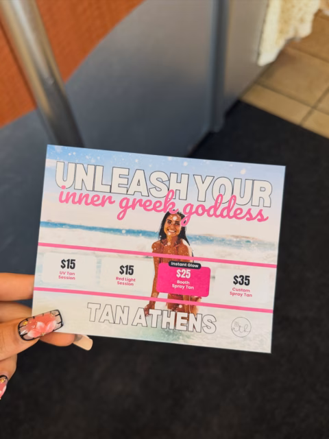 WELCOME BACK! 🩷  A new semester calls for a fresh glow, so here’s a little welcome-back gift from us to you. ✨  Whether you’re getting ready for Bid Day, your first week of classes, or just want to feel your best, we’ve got you covered.  Save this coupon, send it to your friends, and stop by before it expires! 🤍  *Student ID needs to be provided*  Please note: Each offer is single-use and may only be redeemed once per person. Deals are valid on select tanning levels and spray tan solutions only. See salon for details.