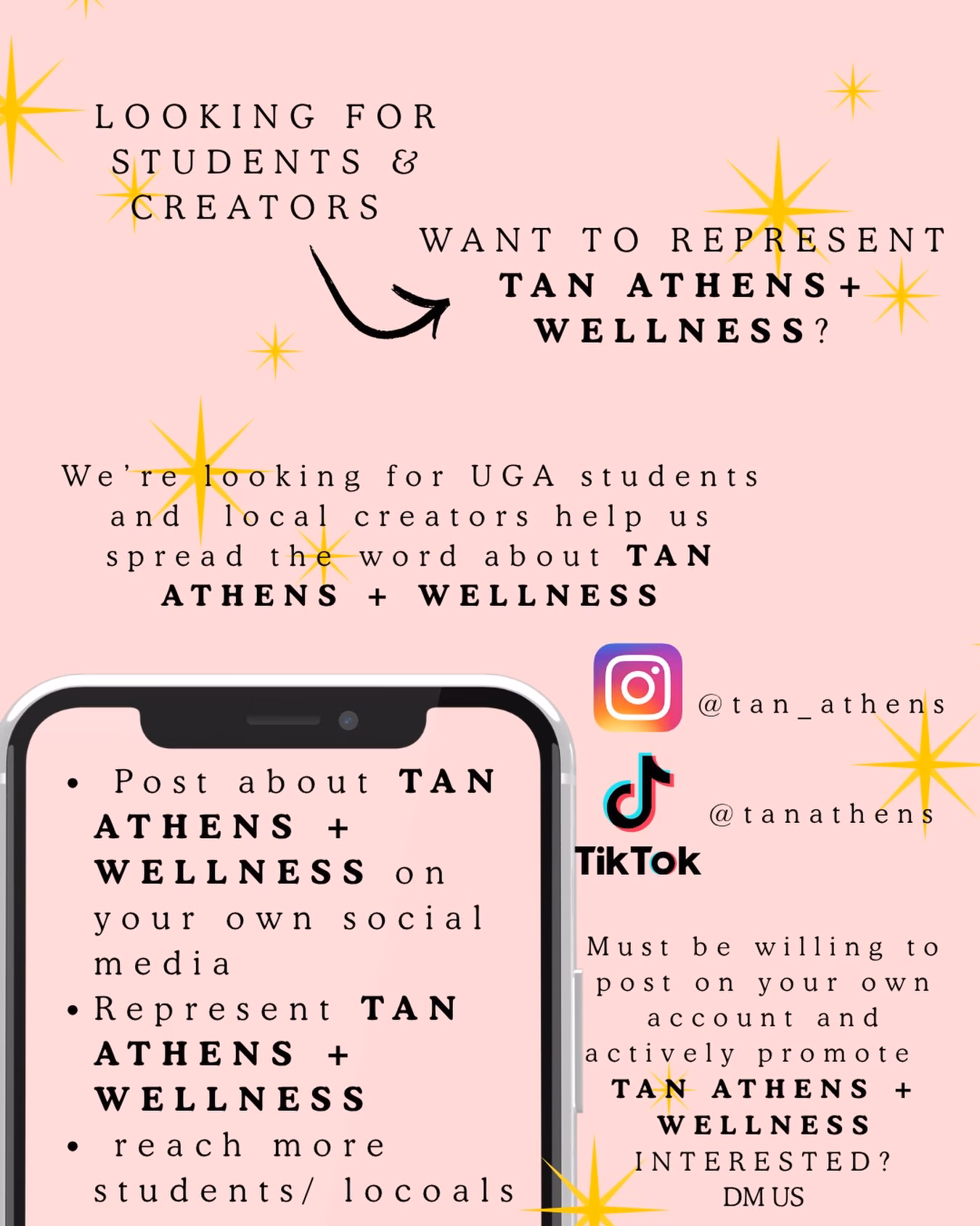 ‼️CALLING ALL UGA STUDENTS + LOCAL CREATORS ‼️  Want to represent Tan Athens + Wellness? 
We’re looking for students and creators who love creating content, connecting with others, and sharing their favorite spots around Athens!  If you’re active on Instagram or TikTok and want to work with us, we’d LOVE to have you! 🫶🏼
Interested? DM us to learn more & get started!  Tan Athens + Wellness 
📍 West Broad Shopping Center 
📞 706-850-7077