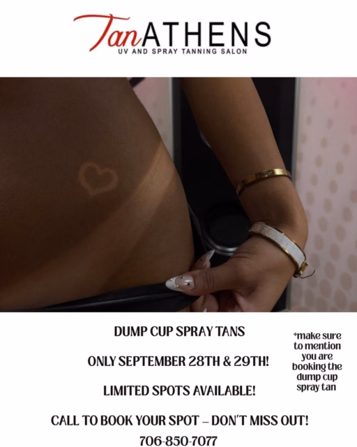 🚨 DUMP CUP SPRAY TANS 🚨  Your next glow is calling 🤎✨ ONLY September 28th & 29th!  Spots are LIMITED, so make sure you mention you’re booking the DUMP CUP spray tan when you call!  Tan Athens + Wellness 
📍 W. Broad Shopping Center
📱 706-850-7077