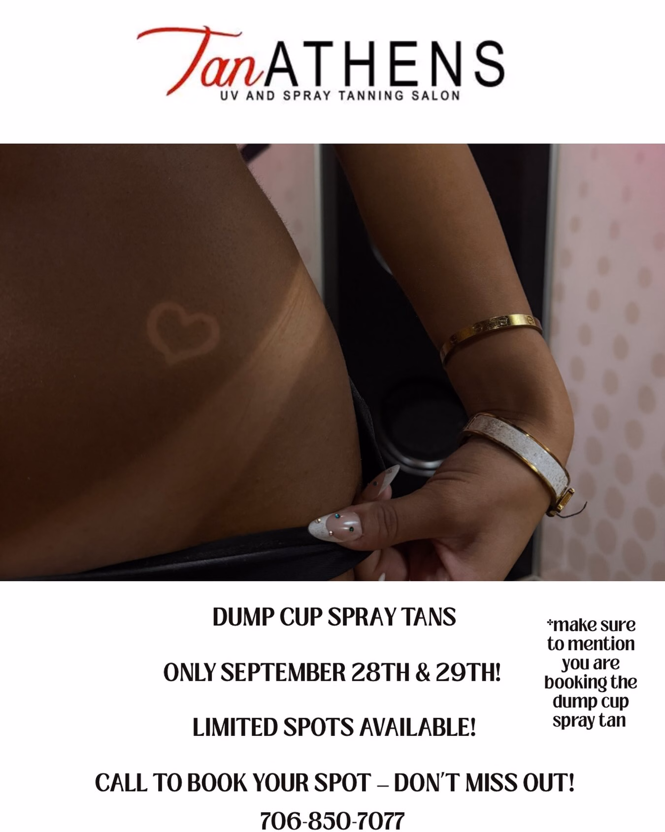 🚨 DUMP CUP SPRAY TANS 🚨  Your next glow is calling 🤎✨ ONLY September 28th & 29th!  Spots are LIMITED, so make sure you mention you’re booking the DUMP CUP spray tan when you call!  Tan Athens + Wellness 
📍 W. Broad Shopping Center
📱 706-850-7077