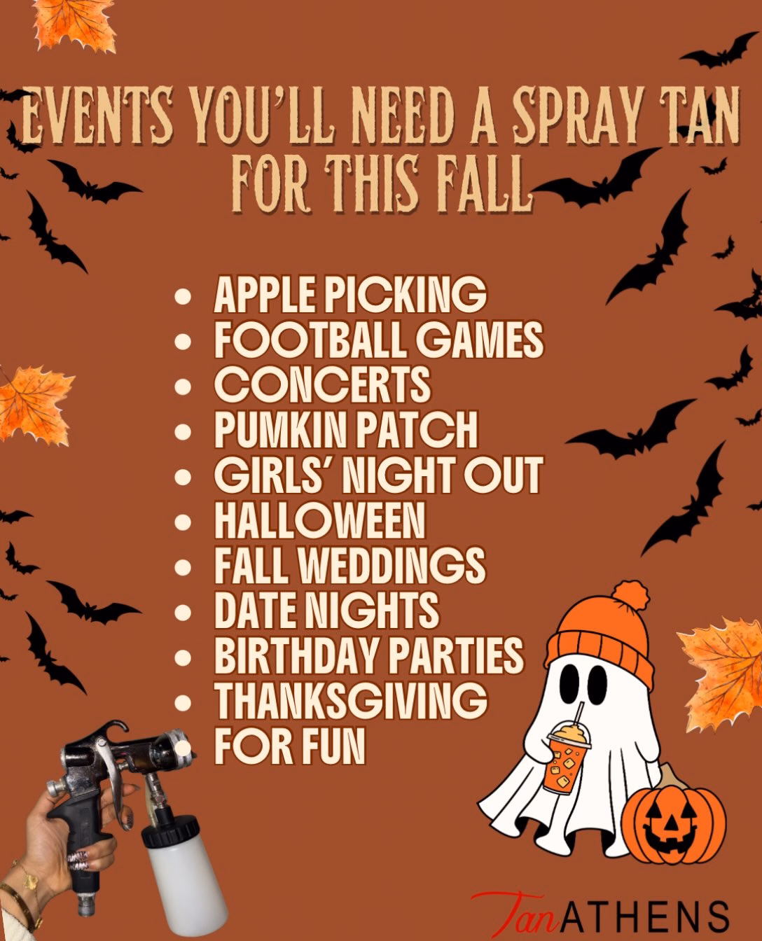 Fall plans are better with a fresh spray tan! 🍂👻💗
Whatever you have coming up, we’ve got your glow covered!
Spots are filling FAST go ahead and give us a call to book💋  Tan Athens + Wellness! 
📍 West Broad Shopping Center
📞 706-850-7077
