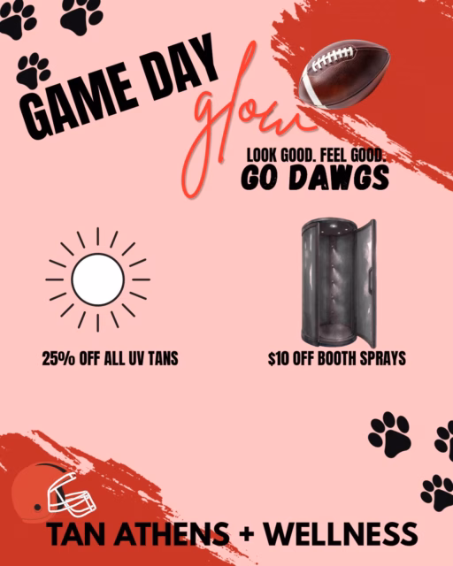 ✨ GAME DAY GLOW DEALS ARE HERE ✨
Get 25% OFF UV tanning + $10 OFF booth sprays! 🤎  ‼️NO APPOINTMENTS NEEDED ALL WALK-INS WELCOME‼️  Tan Athens + Wellness 
📍 West Broad Shopping Center 
📱 706-850-7077