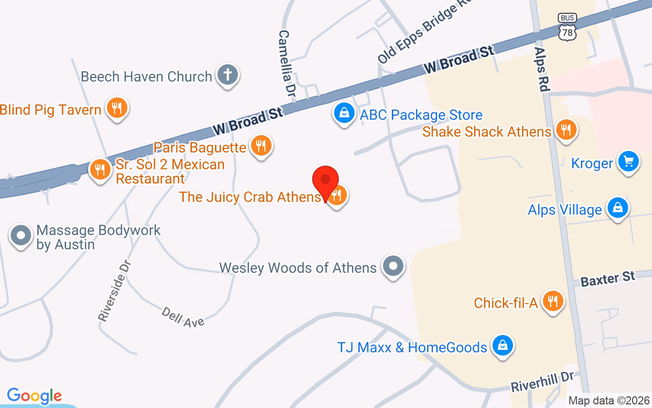 Map showing Tan Athens location on W Broad St, Athens, GA